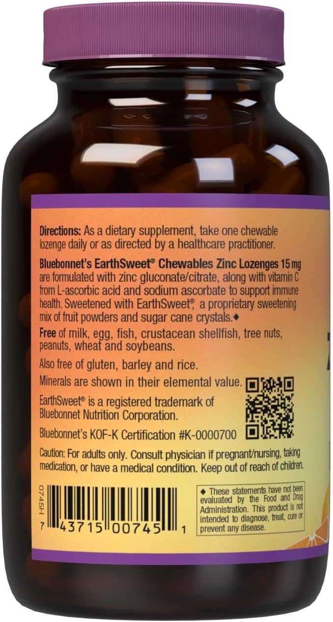 Bluebonnet Nutrition Earthsweet Zinc Lozenges 15mg Chewables, Plus 100mg of Vitamin C, Soy-Free, Gluten-Free, Kosher Certified, Dairy-Free, Vegan, Orange Flavored, 60 Lozenges