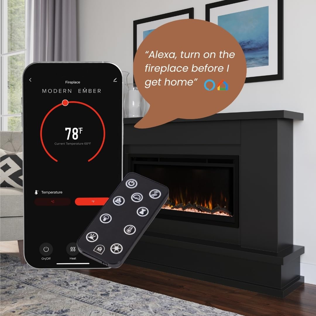 Modern Ember Patton Black Mantel Package 64" W x 42" H with 42 Inch Electric Fireplace - 5 Flame Colors, 10 Ember Bed Colors, Log Kit & Crystal Embers | Alexa/WiFi Enabled