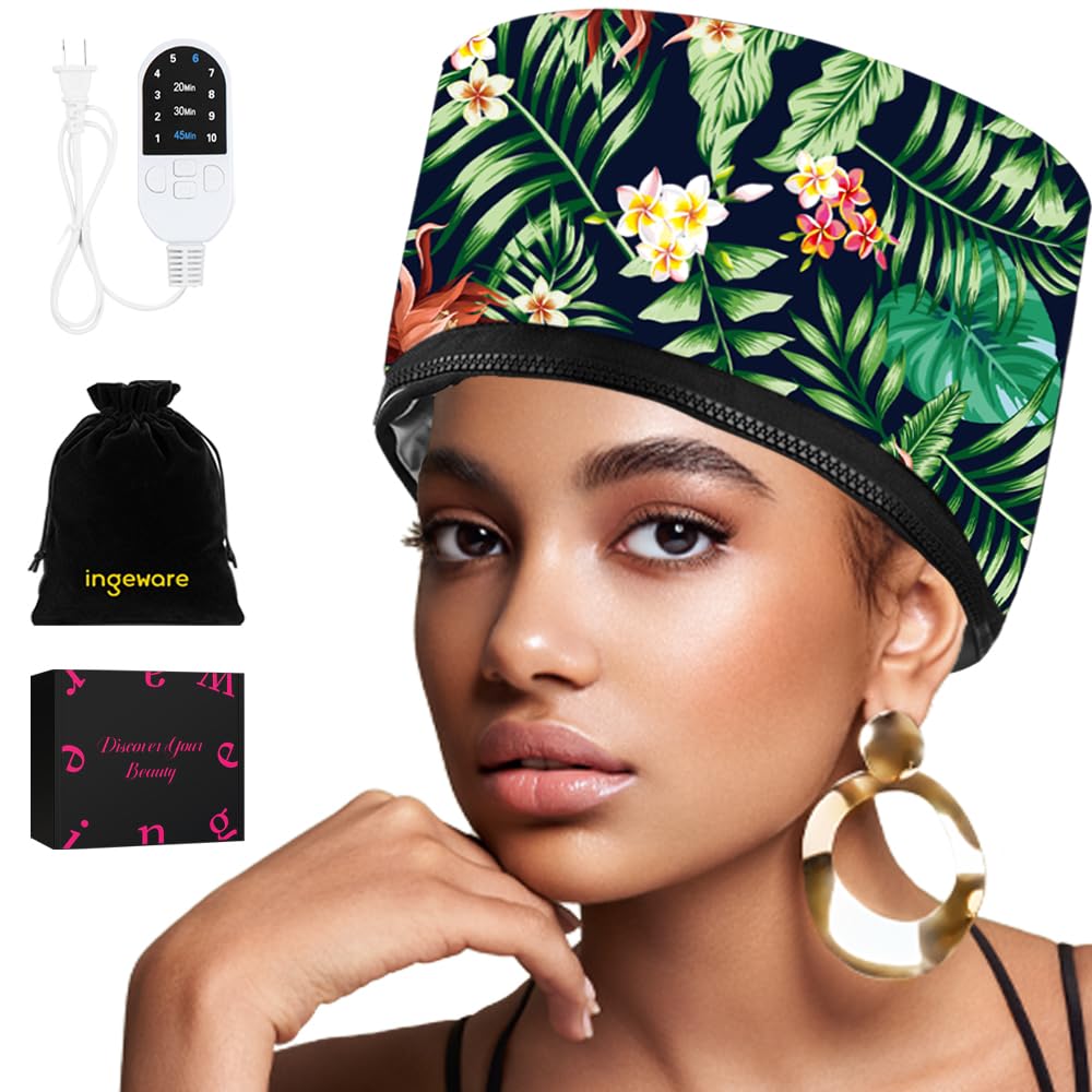 Heat Cap for Deep Conditioning, Ingeware Thermal Cap for Hair Steamer Cap for Natural Hair Portable Electric Heat Hair Spa Cap for Home Use Pattern (Floral Print)