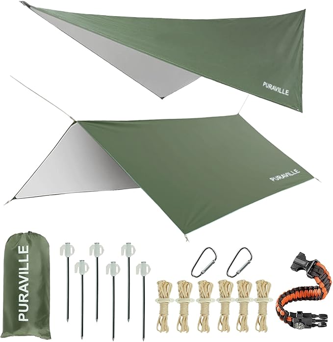 Puraville Rain Fly Camping Tarp 3000mm+ Ultra Waterproof Resistant Sun Shade Lightweight Hammock Tent Tarp with Multifunctional Camping Accessories (10X10 ft Green)