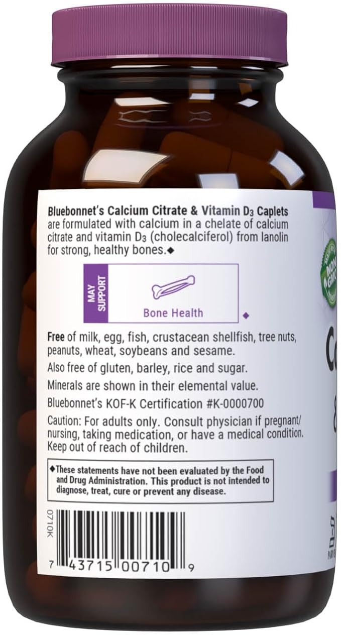 Bluebonnet Nutrition Calcium Citrate & Vitamin D3, Bone Health*, Non-GMO, Kosher Parve, Gluten-Free, Soy-Free, 90 Caplets, 22.5 Servings