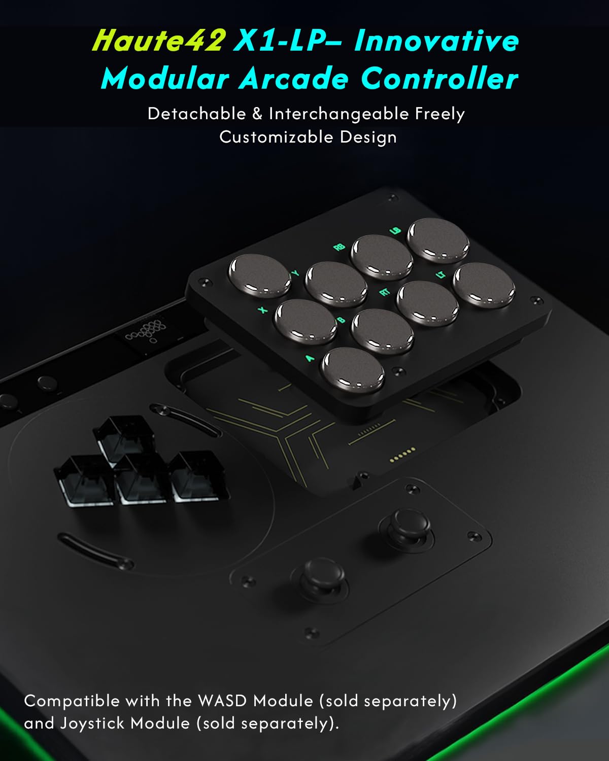 Sehawei Haute42 X1 Leverless Arcade Controller- Low Profile Design with Kailh Wind Engine Switches,3 Removable Modules,Ambient RGB Backlight & Tournament Lock Switch - Compatible with PC,PS4,PS3,Switch