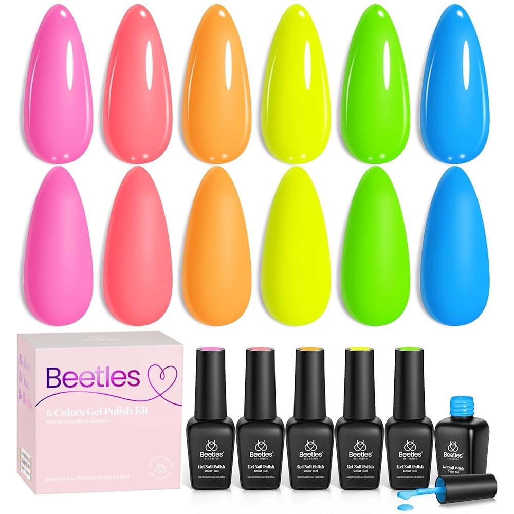 Beetles Neon Gel Nail Polish Set, Bright Rainbow Collection 6 Colors Hot Pink Blue Yellow Green Soak Off UV LED Neon Gel Nail Polish Kit Gift for Women