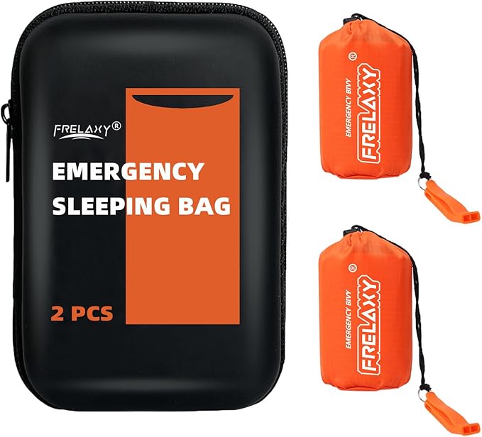 Frelaxy Emergency Sleeping Bag 1-Pack/2-Pack, Extra-Thick Compact Survival Bivy with Whistle, Storage Pouch, and EVA case, Perfect for Survival Kits