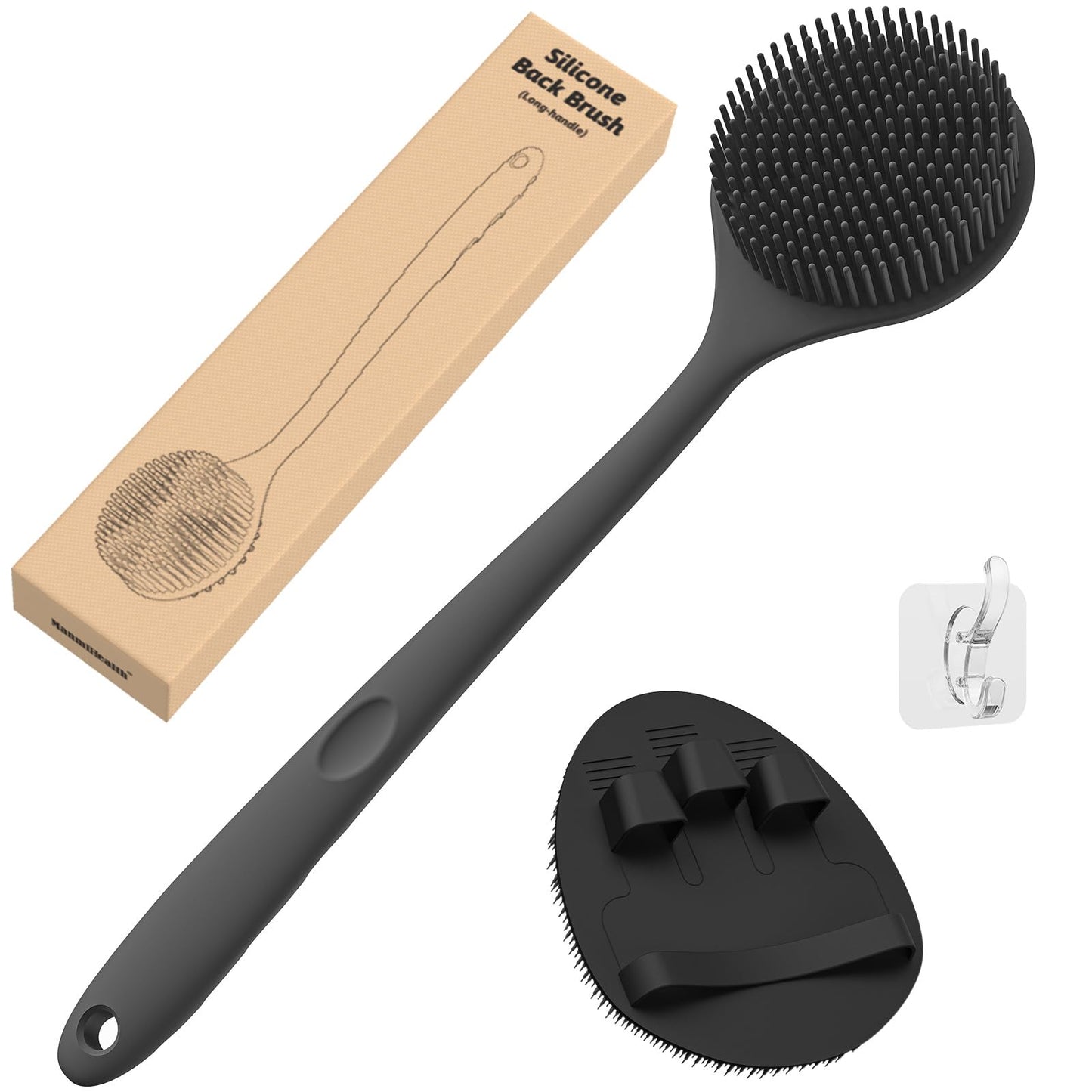 Manmihealth Silicone Back Scrubber(Thin Bristles) & Soft Bath Glove Set, Super-Cleaning Body Scrubber & Super-Lathering Shower Brush Combination, with a Free Hook. (Black)