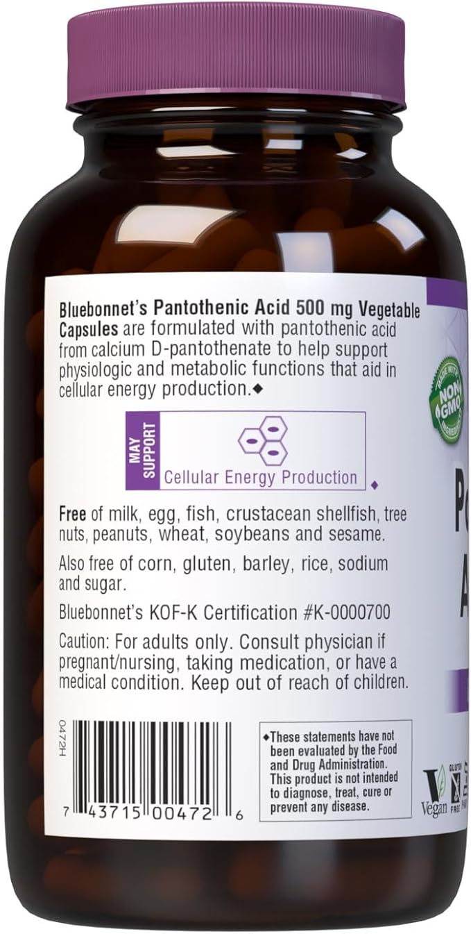 Bluebonnet Pantothenic Acid 500 mg Vegetable Capsules, 180 Count