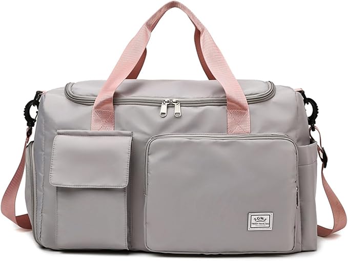 Travel Duffel Tote Bag with Dry Wet Separation Pocket, Weekender Bag for Women and Men,Waterproof Bag with Shoe Compartment Lightweight and Easy Carry on Grey