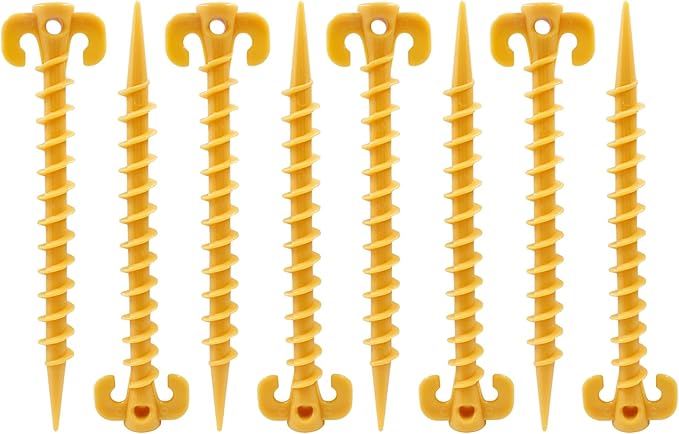 8 Pcs Plastic Tent Stakes, 8 Inch Heavy Duty Screw Stakes for Camping, Backpacking, Gardening, Yellow