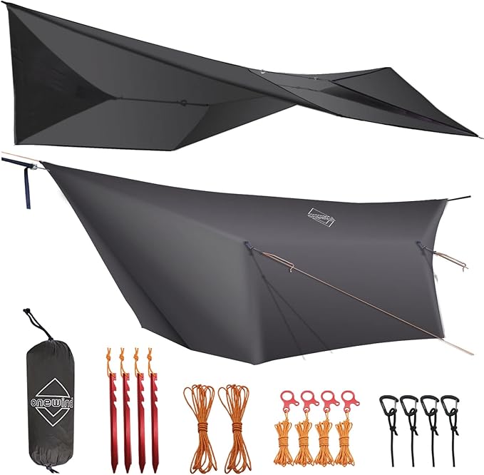 onewind 12ft Hammock Tarp, Ultralight Tarp Lightweight and Waterproof Silnylon Hammock Rain Fly, Versatile Camping Tarp with Doors, Easy to Setup with Stuff Sack, Tent Stakes, Dark Grey
