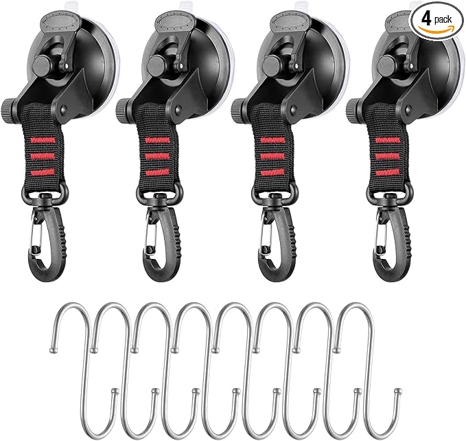 OCR 4 Pack Vacuum Suction Cup, Heavy Duty Sucker Cup Anchor with 8 Securing S Hook, Car Tensioner for Camping Car Mount Tents Luggage Tarps Car Side Awning (with Red Webbing Hook)