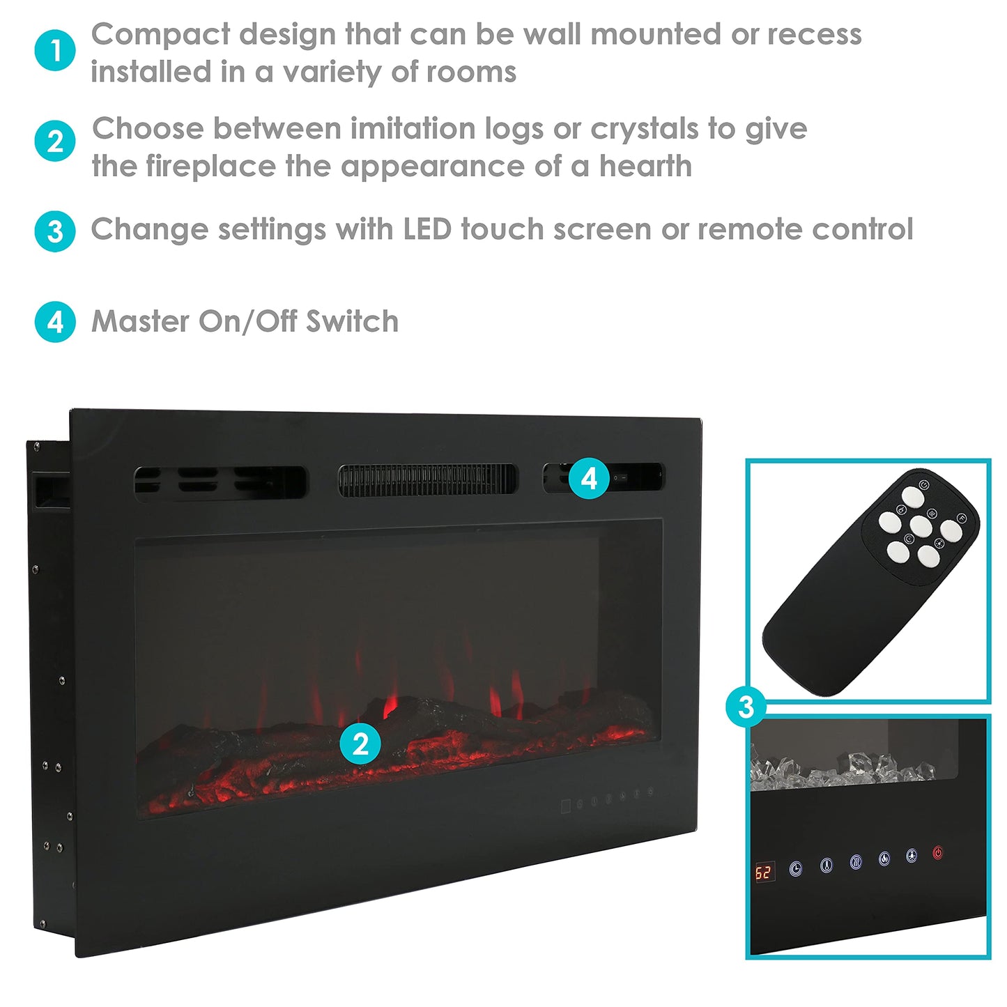 Sunnydaze Modern Flame Indoor Electric Fireplace Insert - 9 Color Wall-Mounted Fireplace Heater - 40-Inch