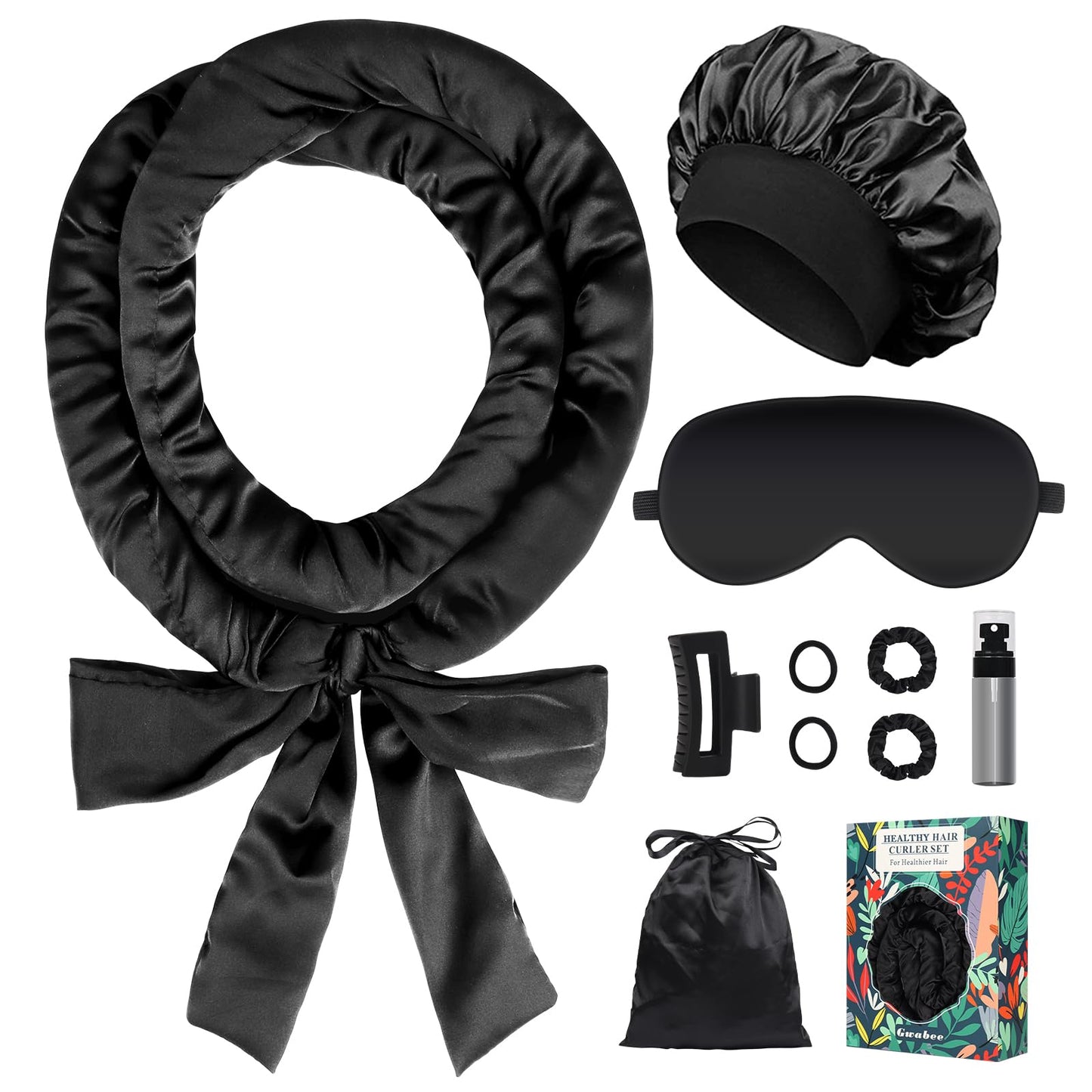 Gwabee Satin Heatless Curls Overnight Hair Curlers to Sleep In Hair Curler Rollers No Heat Hair Wrap for Curls Headband, 70" Satin Heatless Curling Rod Set for Women Long Waves Hair Volume-Black 10PCS