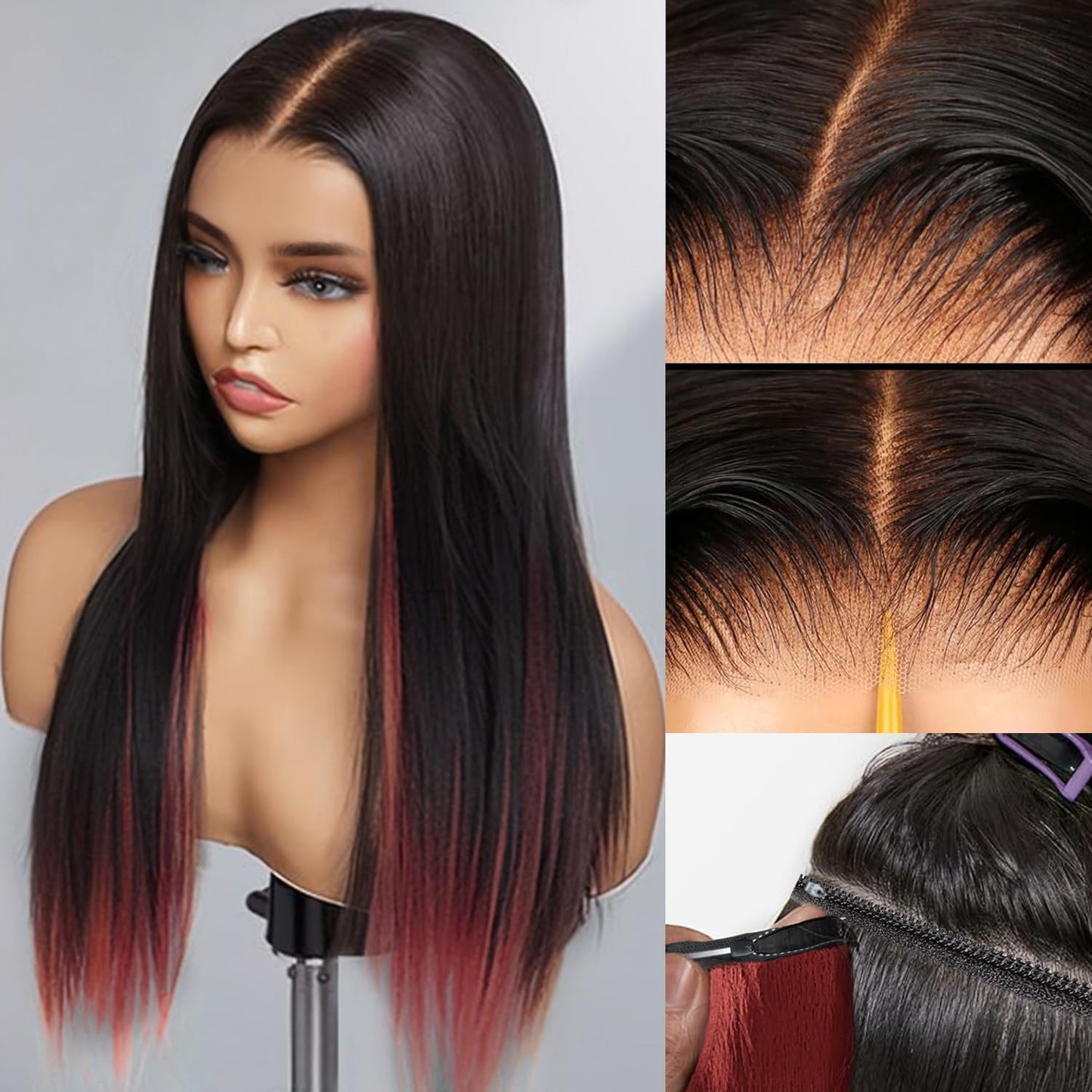 Glueless Wigs Human Hair Pre Plucked Pre Cut 20 Inch Magic Human Hair Wig that Can Change Colors 6x4 Straight Hd Lace Front Wigs Human Hair Wigs for Women 200% Density Nature Black Wig with Red