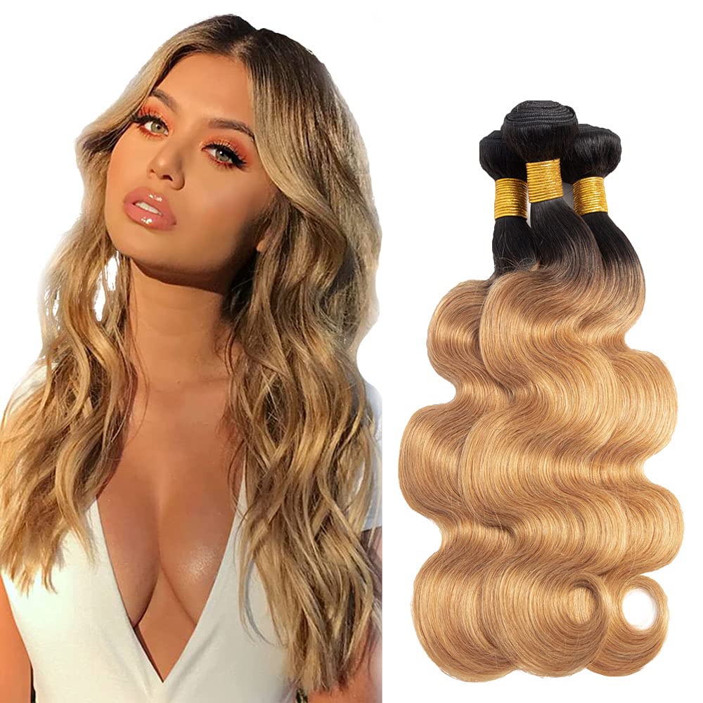 1b27 Human Hair Bundles Ombre Blonde Body Wave Bundles 8A Peruvian Virgin Human Hair 3 Bundles 12 14 16 Inch Two Tone Black and Blonde Bundles Hair Extensions Blonde Body Wave Bundles