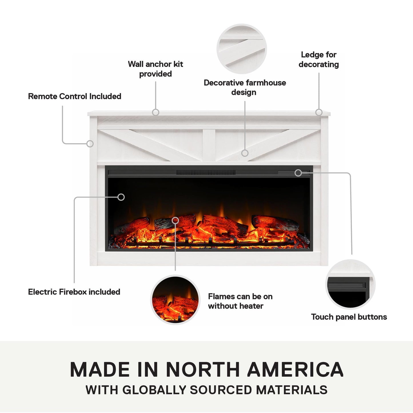 Ameriwood Home Farmington 49 Inch Electric Fireplace with Mantel, Replaceable Fireplace Insert Heater. Remote Control, Timer, Realistic Log and Flame Effect, Ivory Oak