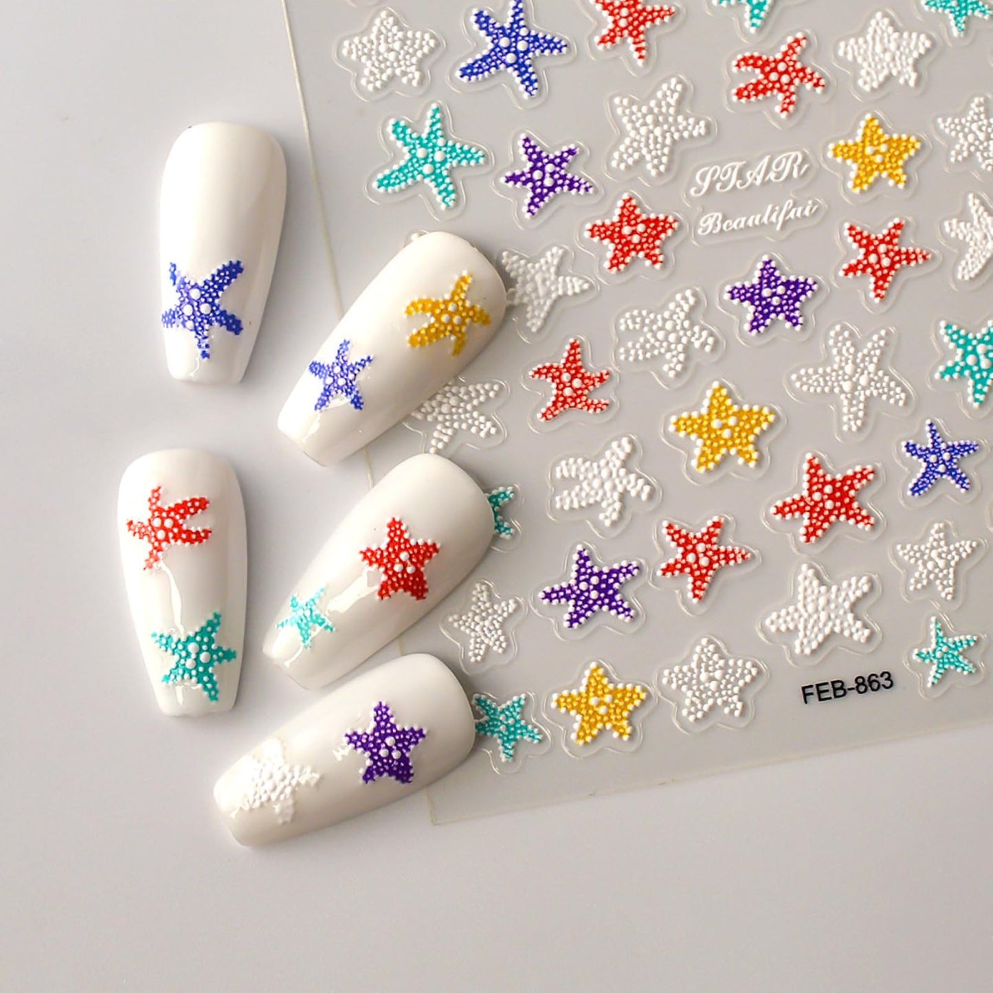 5D Embossed Starfish Nail Art Stickers Starfish Nail Stickers Colorful Ocean Nail Decals Self-Adhesive with Beach Designs Summer Nail Supplies for Women Girls Acrylic Nails DIY Manicure
