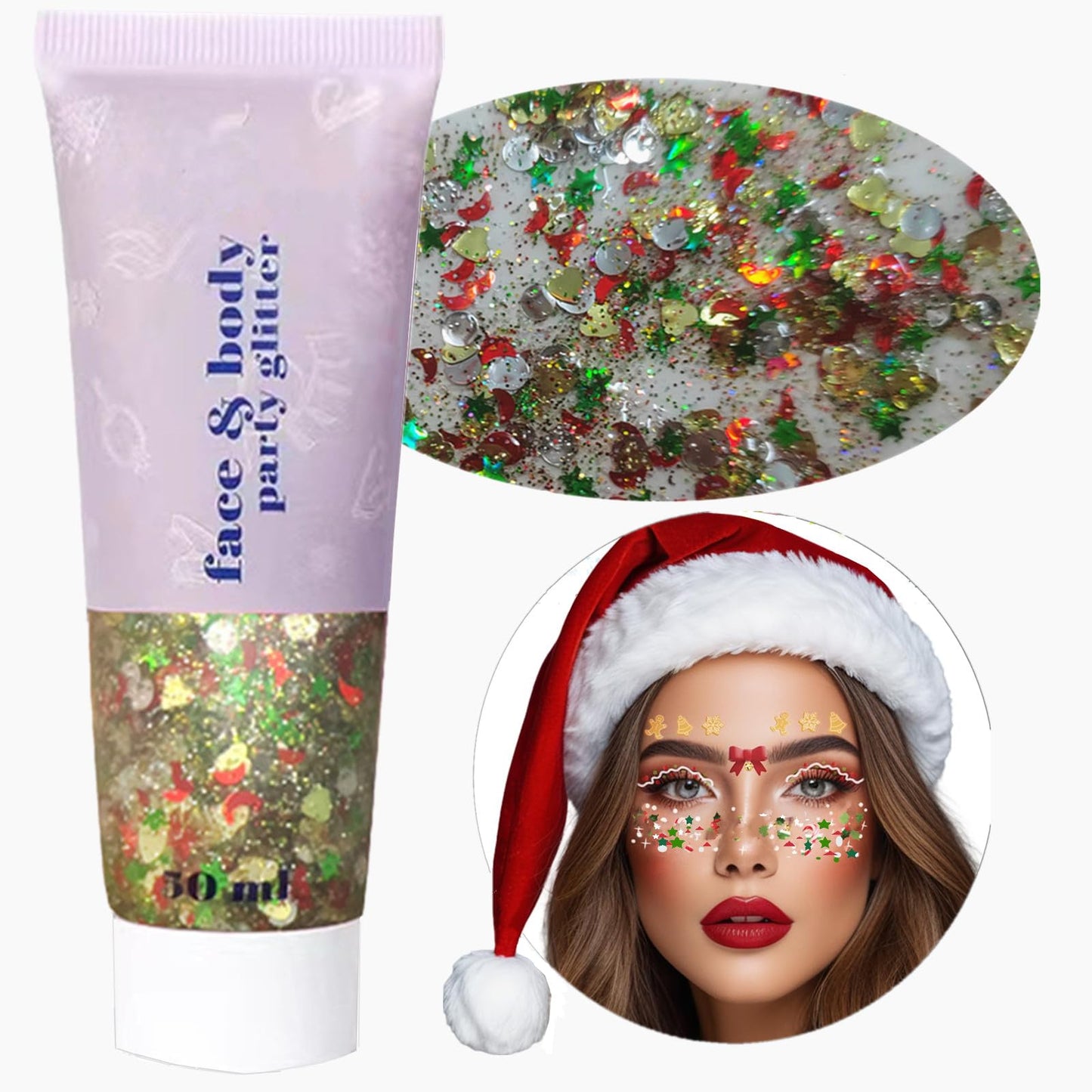 Go Ho Christmas Body Hair Face Glitter Gel,Christmas Glitters Face Paint,Holographic Colorful Sequins Chunky Reflective Face Glitter Makeup,Festival Rave Outfits for Women