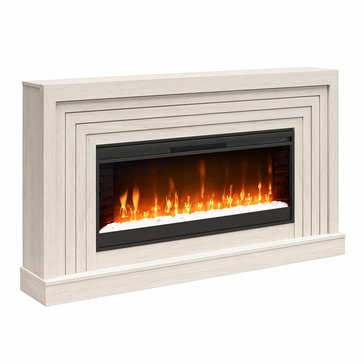 Novogratz Monroe Wide Mantel Stone and Crystal Electric Fireplace, White Oak