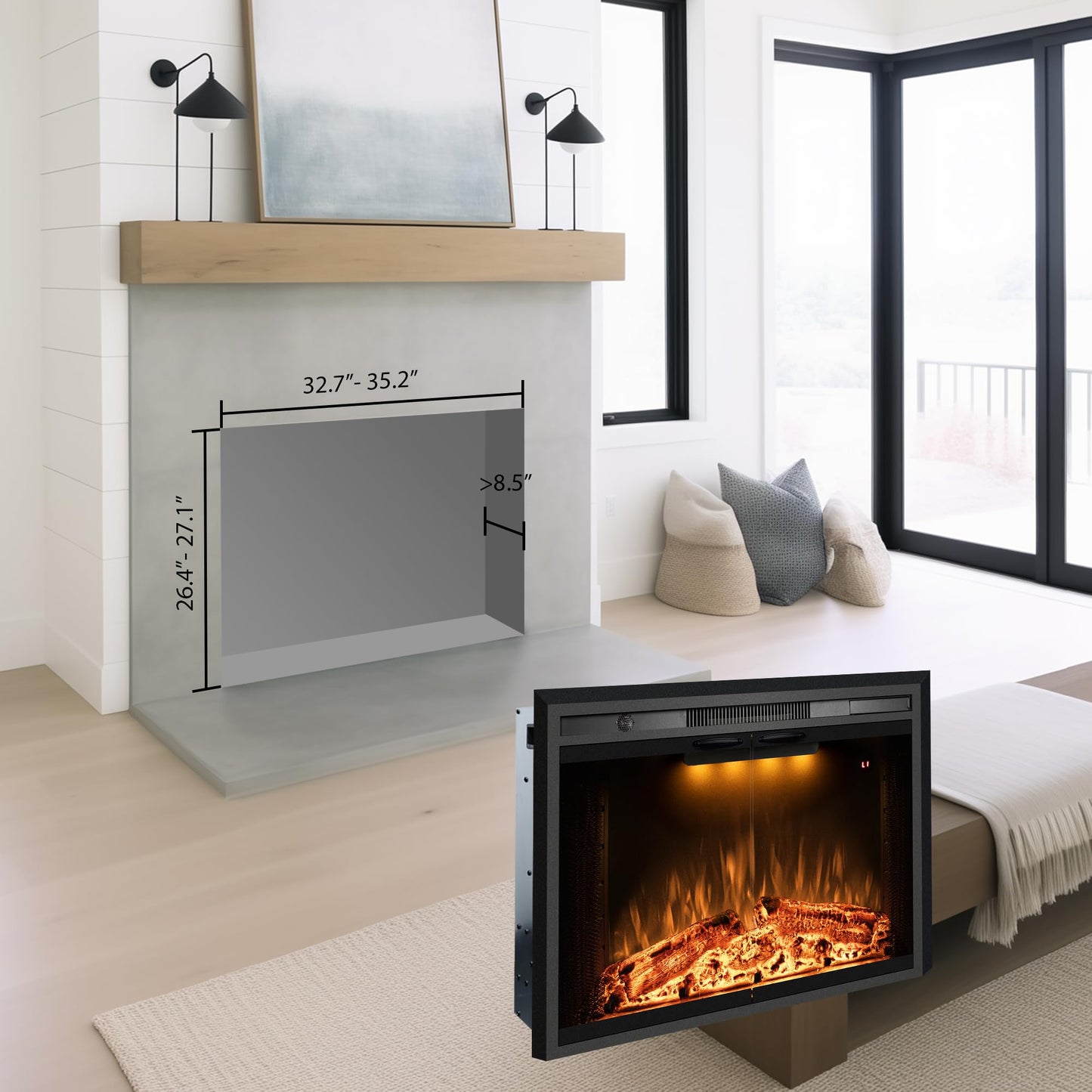 Benrocks 36” Electric Fireplace Inserts with Glass Door and Mesh Screen, Multicolor Flames & Fire Crackling Sounds, Timer, Overheating Protection Fireplace Heater, 750/1500W