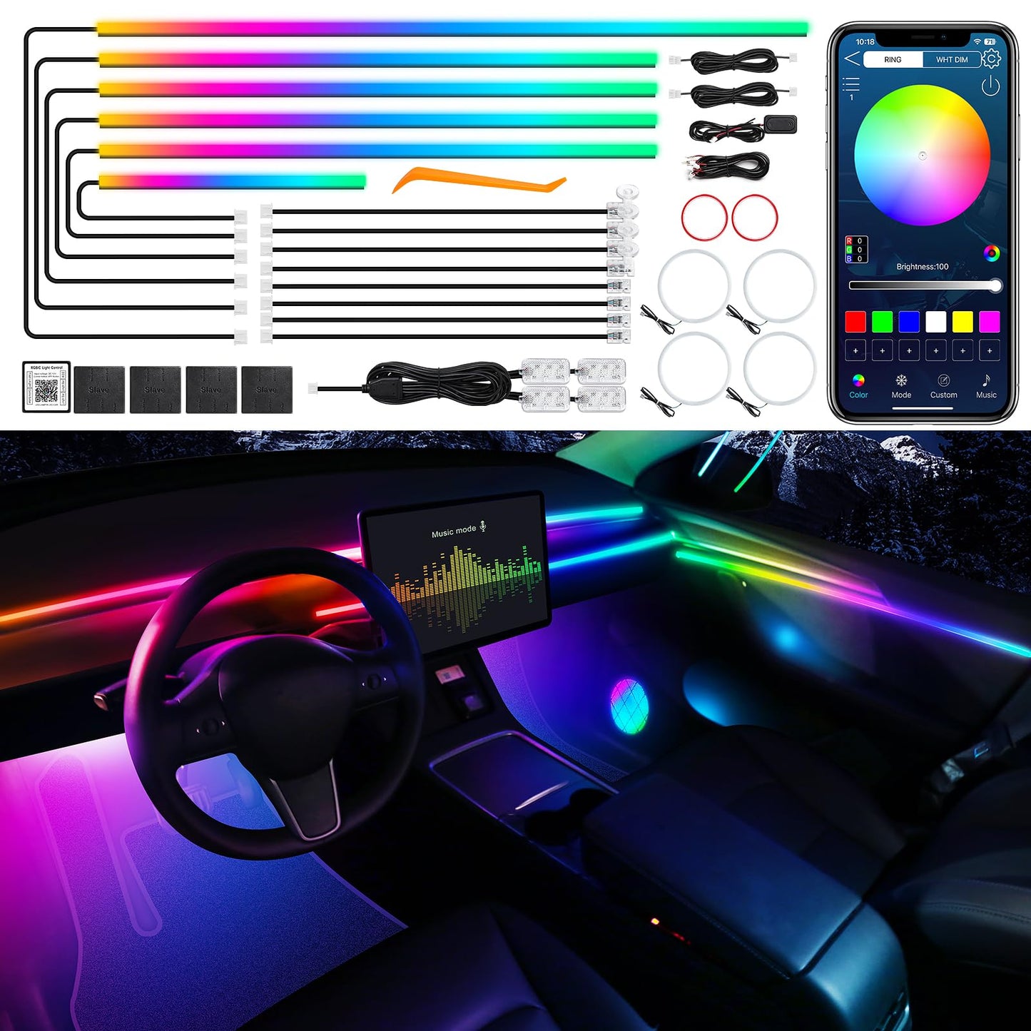 Dreamcolor Acrylic Interior Car LED Strip Light with Wireless APP, RGB 22 in 1 with 175 inches 612 LEDs Fiber Optic Strip Lights for Car, Dual Zone Music Sync Neon Ambient Lighting Kits