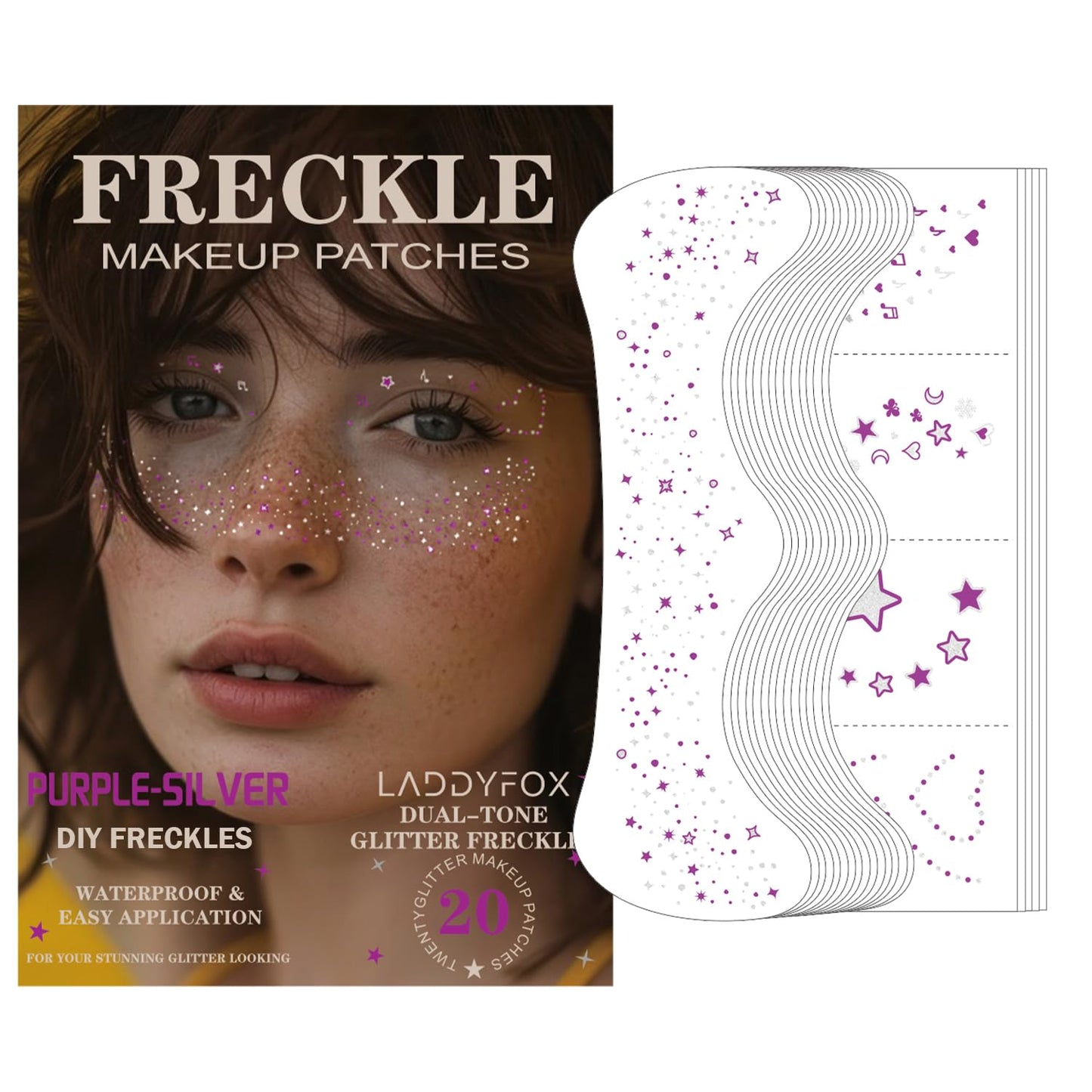 20 Pcs Dual-tone Face Makeup Patches, Purple-silver Glitter Freckles, Glitter Freckles Face Tattoo, Waterproof Face Sparkle Freckles, Long-Lasting 48h Freckles for Women (Purple-silver)