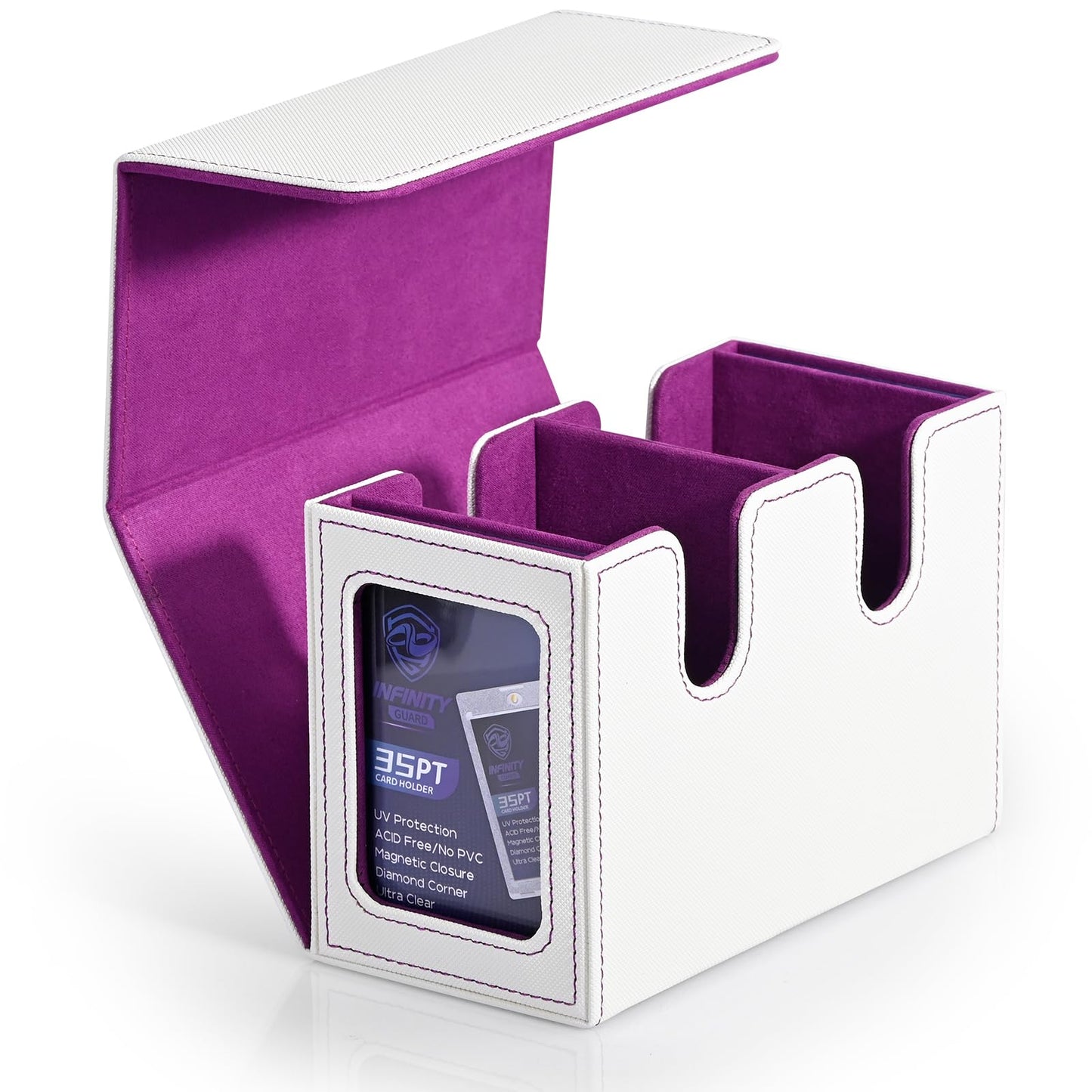 Infinity Guard MTG Deck Box with 2 Commander Display, Double Deck Box for 280+ Single Sleeved Cards, Leather Magnetic Card Storage Box Fits for TCG CCG Magic Cards (White&Purple)