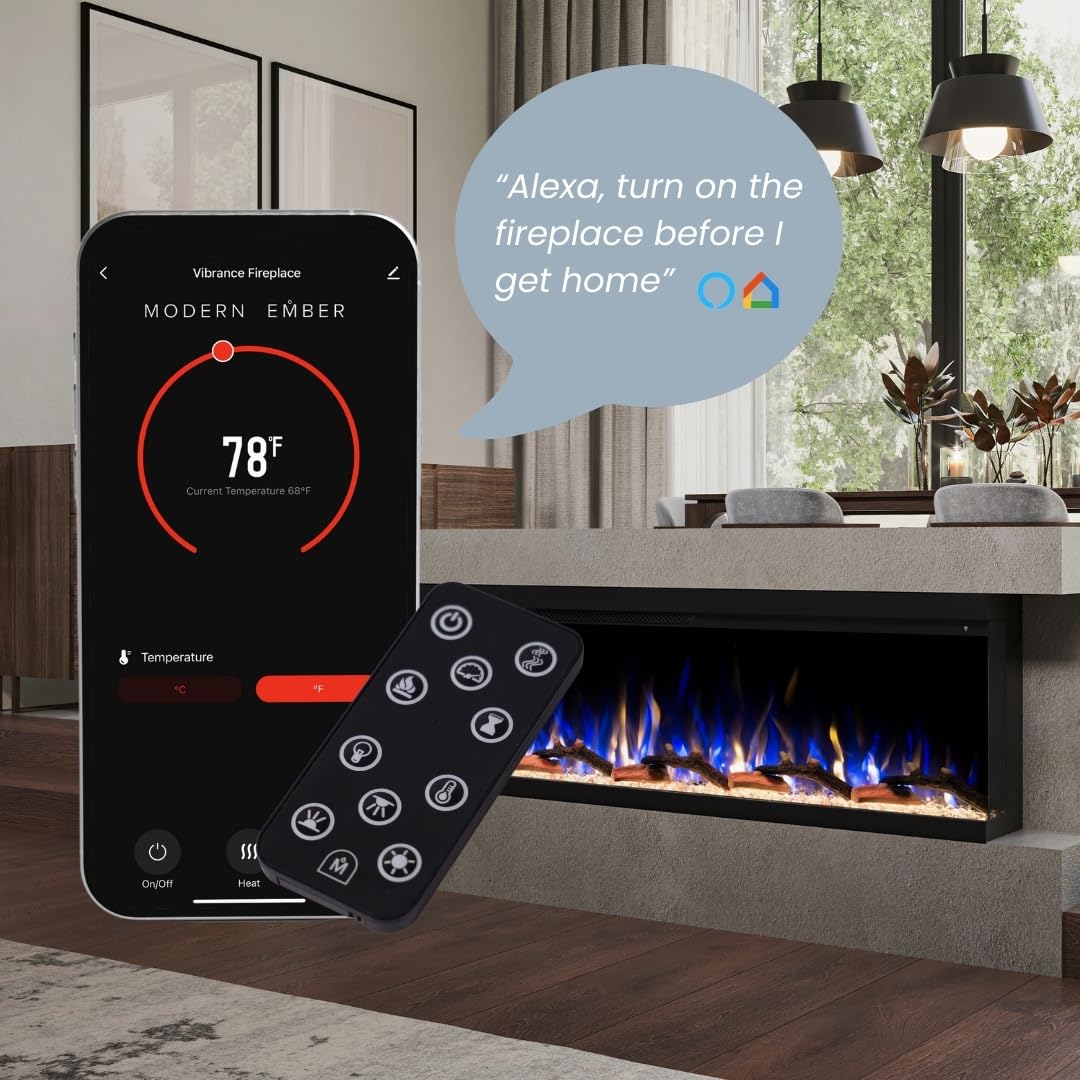 Modern Ember Aerus Skyline 72 Inch Linear Multi-Sided 3D Smart Electric Fireplace - 1,000+ Flame & Ember Bed Color Combinations, Fully or Partially Recessed | Alexa/WiFi Enabled - Remote Included