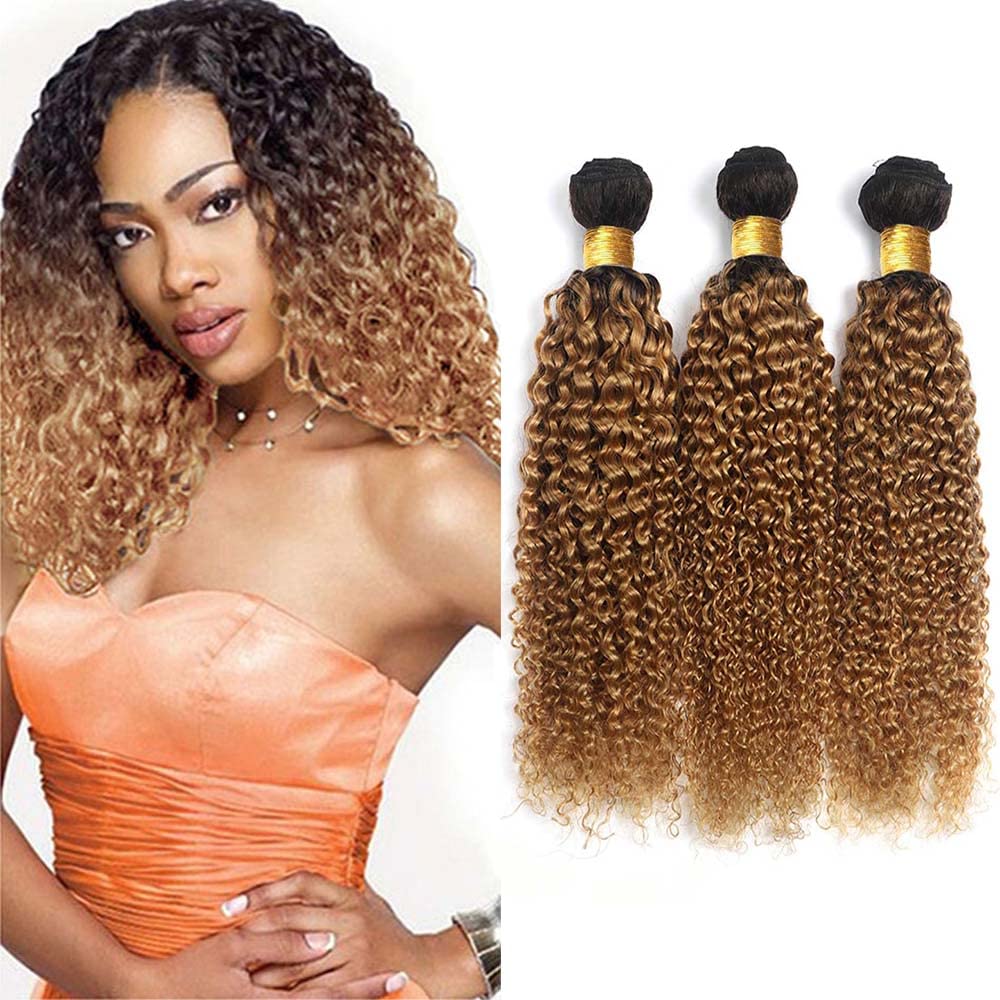 12 14 16 inch Honey Blonde Curly Wave Bundles 1B27 Ombre Bundles Honey Blonde Kinky Curly Human Hari Unprocessed Brazilian Virgin Weave Hair Bundles Blonde Kinky Curly Bundles Human Hair