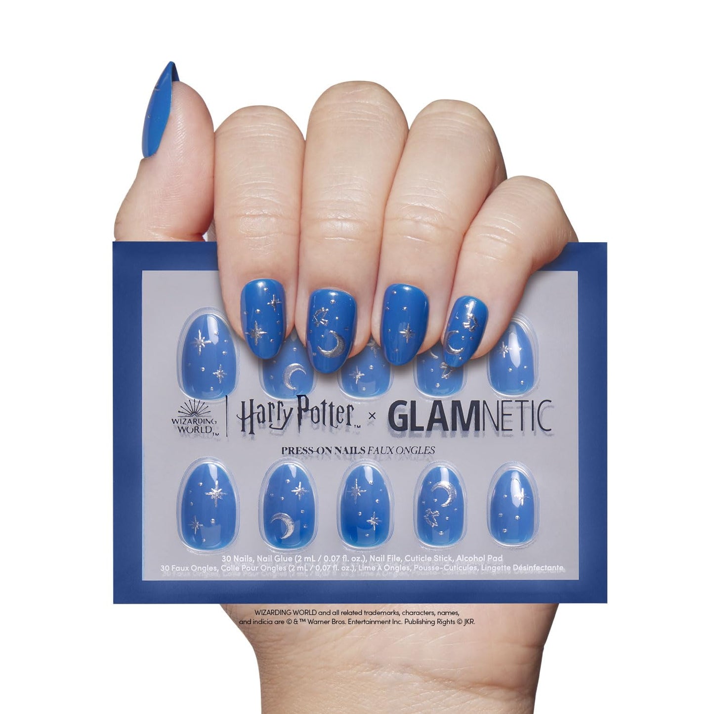 Harry Potter™ x Glamnetic Press On Nails - Luna Lovegood™ | Blue Celestial 3D Graphic Short Oval False Nails, Reusable Stick On Fake Nails with Glue | Salon Quality | 15 Sizes - 30 Nail Kit