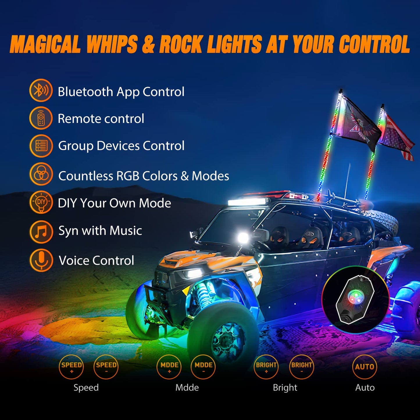 Nilight 2PCS 3FT RGB LED Whip Light and 4 PCS Rock Lights Combo, Remote & App Control w/DIY Chasing Patterns Stop Turn Reverse Safety Antenna Lighted Whips for ATV UTV