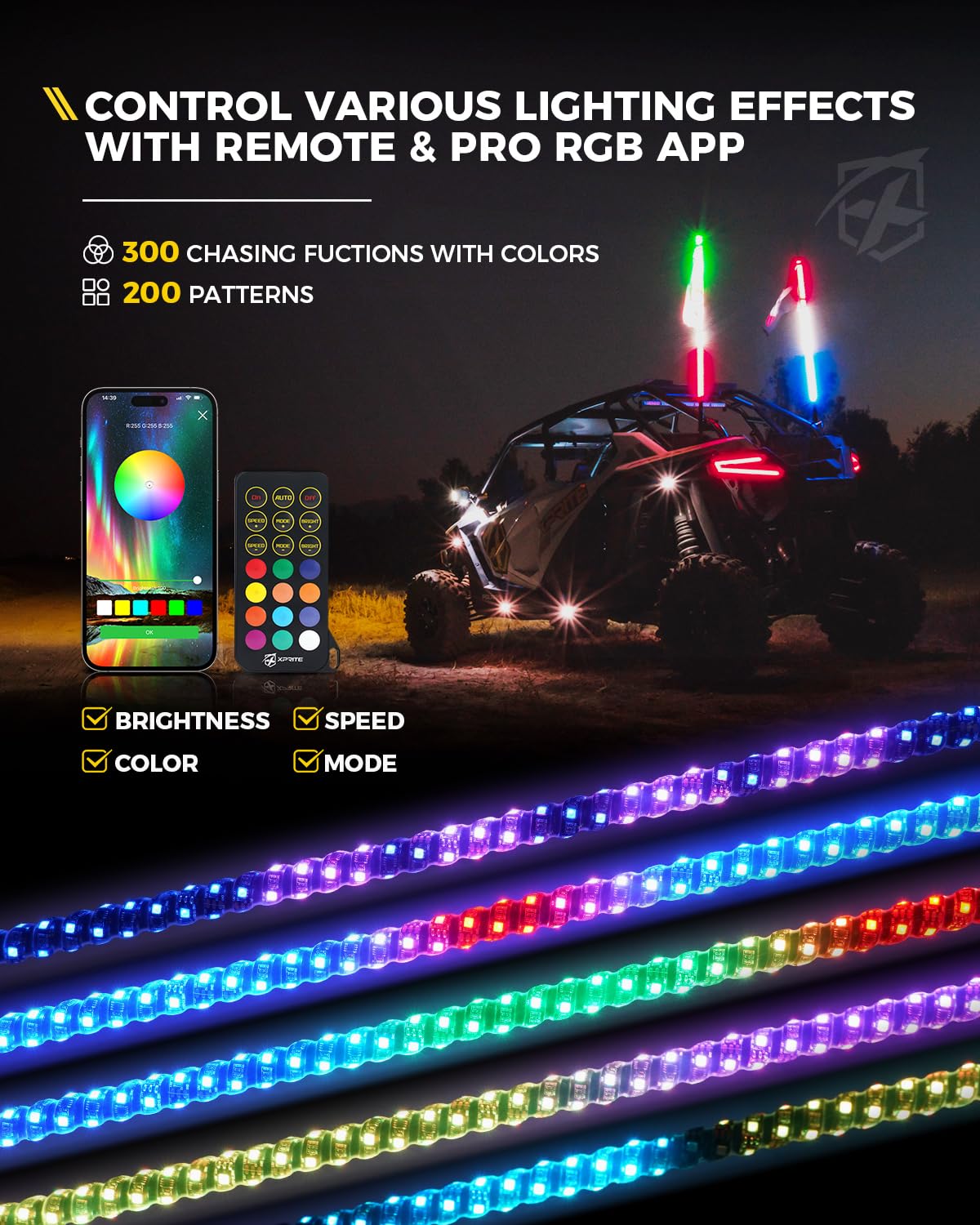 Xprite 2PC 5FT LED Whip Lights and 6 Pods RGB Rock Lights Kit w/Bluetooth App & Remote Control, Wide Angle Rock Light for Trucks and Spiral LED Light Whips for Side by Side w/Stop/Signal/Reverse Mode