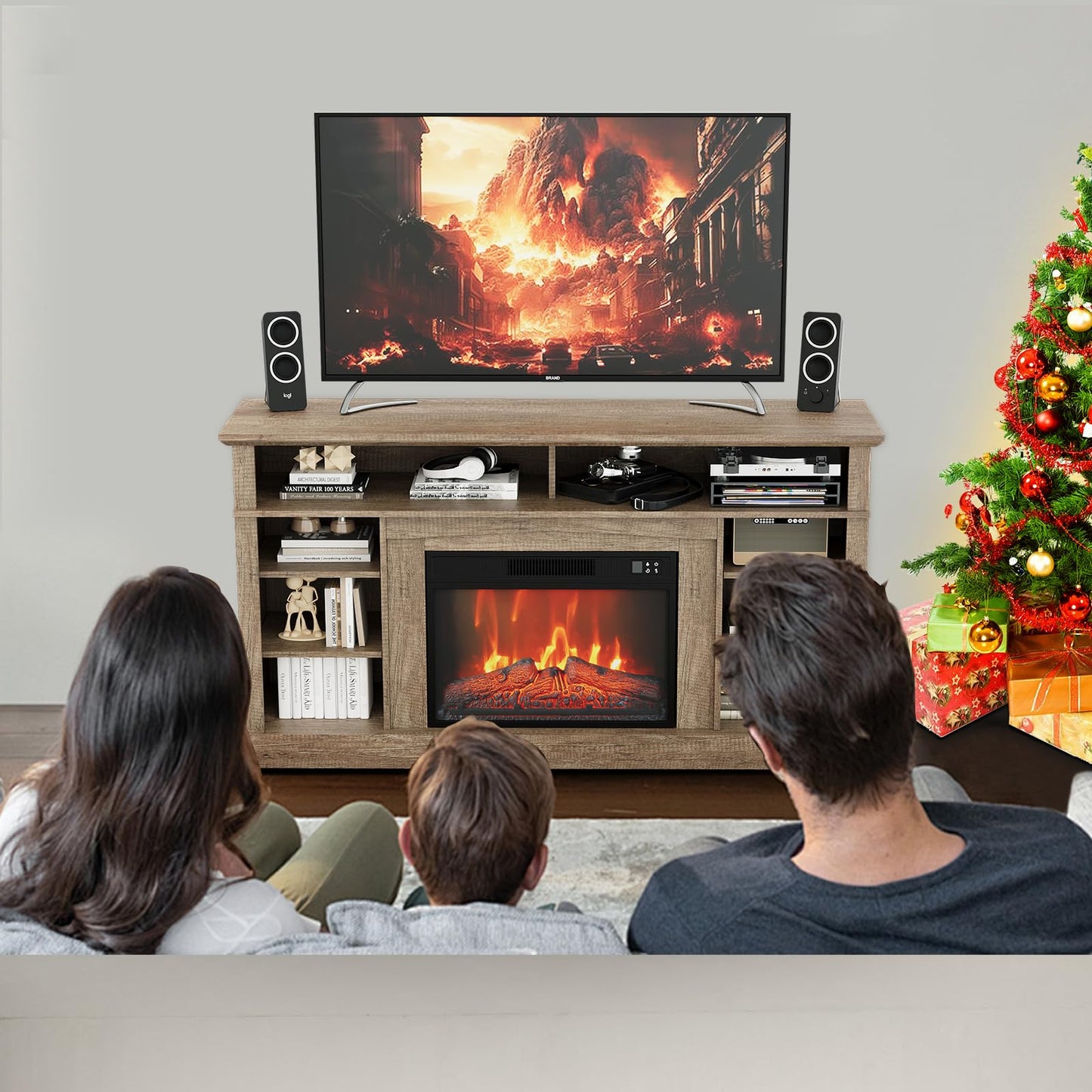 MilleLoom 58" Fireplace TV Stand, Fireplace Entertainment Center for TVs up to 65'' Console with 23-Inch Electric Fireplace & Remote Control, Wooden TV Cabinet for Living Room