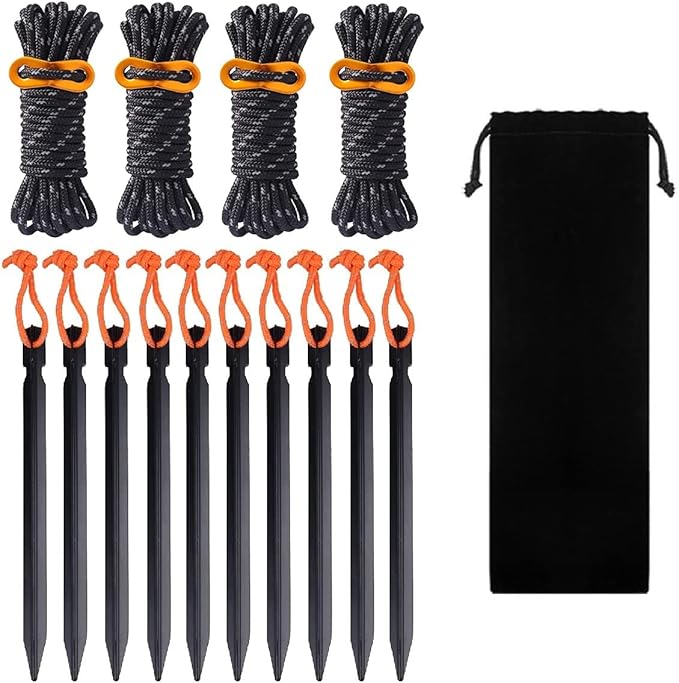 Tent Stakes Heavy Duty,Metal Tent Stakes,Aluminum Tent Pegs with Refective Tent Cords,Yard Stakes,Groud Stakes,Stakes for Inflatables&Camping&Ground-14Pack-Black