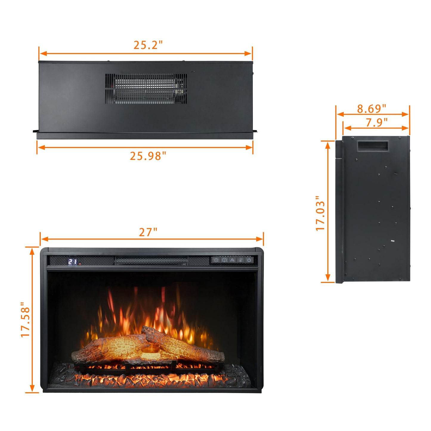 Rodalflame 26" Wide Electric Fireplace Insert, 6 Brightness Level, 5 Flame Speed, 62-82℉, Timer & Remote Control, Indoor Fireplace