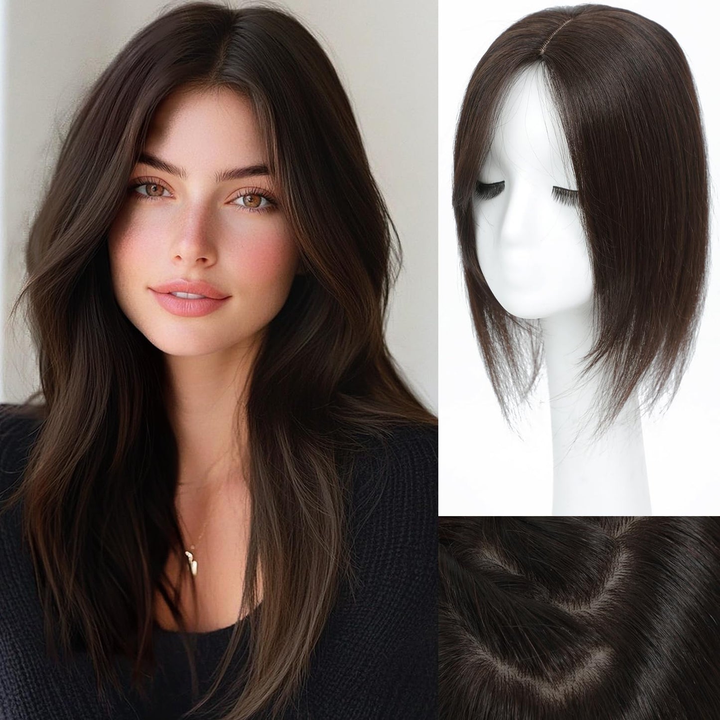 Hair Toppers for Women Real Human Hair, 360° 3D Human with Thinning Upgrade Middle Part Clip in Bangs Topper Hair Pieces for Women Daily(Medium Dark Brown, 14 Inch)