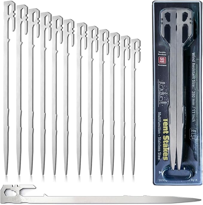 12 Pack Tent Stakes Heavy Duty 11 inch Steel Tent Pegs Ground Stakes Tent Spikes for Camping Unbreakable and Inflexible