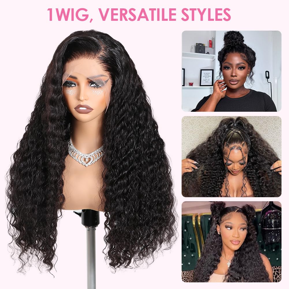 Ebarly Hidden Strap Water Wave 360 Glueless Wigs Human Hair Pre Plucked Pre bleached Human Hair Wig With Drawstring 180 Density Wet and Wavy HD Full Lace Front Wigs Human Hair 28 inch