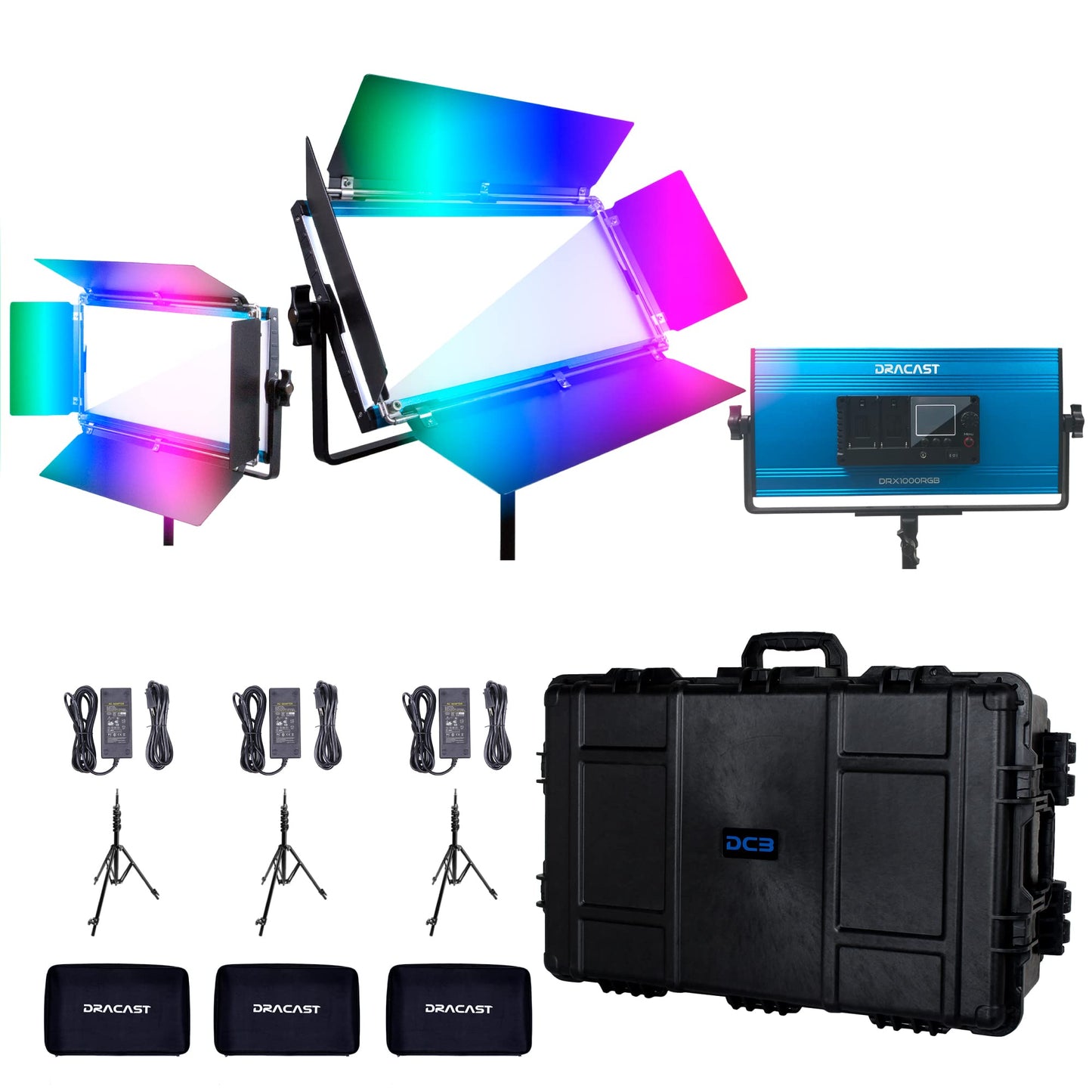 Dracast X Series LED1000 RGB + Bi-Color LED 3 Light Kit with Injection Molded Travel Case | App Control | Dimmable 0-100% | 2800K to 8000K CCT | CRI 96+ | Dual NP-F Battery Plate