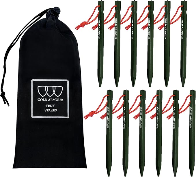 Gold Armour Tent Stakes - 12 Pack Heavy Duty, Lightweight, Camping Stakes Pegs for Outdoor Tent and Tarp, Essential Camping Gear Equipment Accessories (Green)