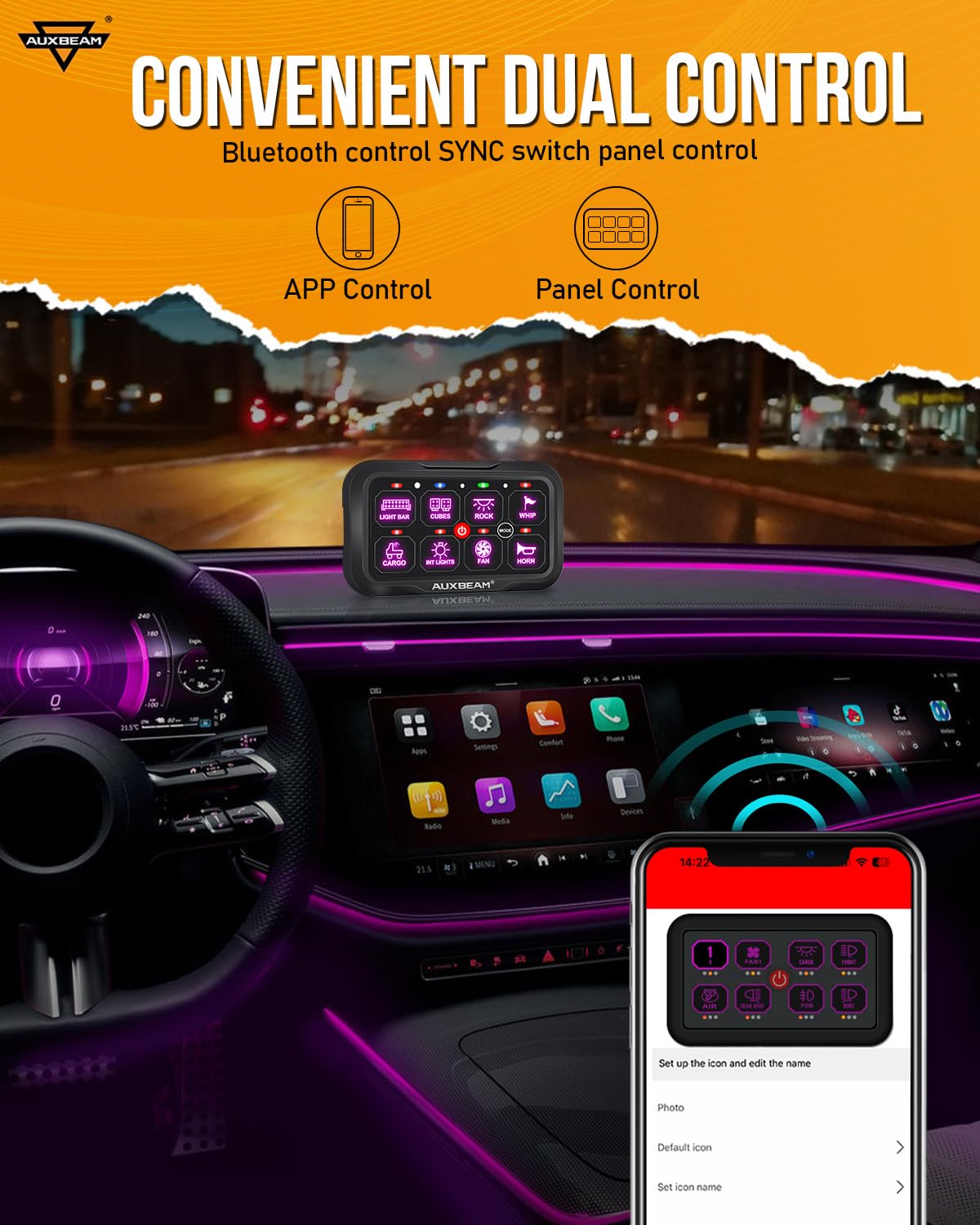 Auxbeam Switch Panel AR-800 Bluetooth 8 Gang Switch Panel RGB Switch Pod Backlit Manual Control w/Toggle Momentary Pulsed 12V-24V Panel Controller for Boat Car Truck RV UTV Waterproof 2-Year Warranty