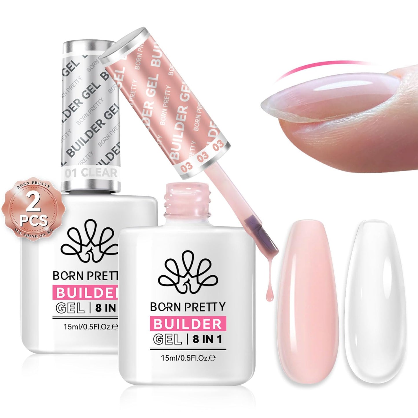 Born Pretty Builder Gel for Nails 8-in-1,15ML Clear and Cover Pink Builder Nail Gel Set, Transparent Extension Gel Rhinestone Glue for Nail Art Base Gel, LED Nail Lamp Cured Hard Gel Builder