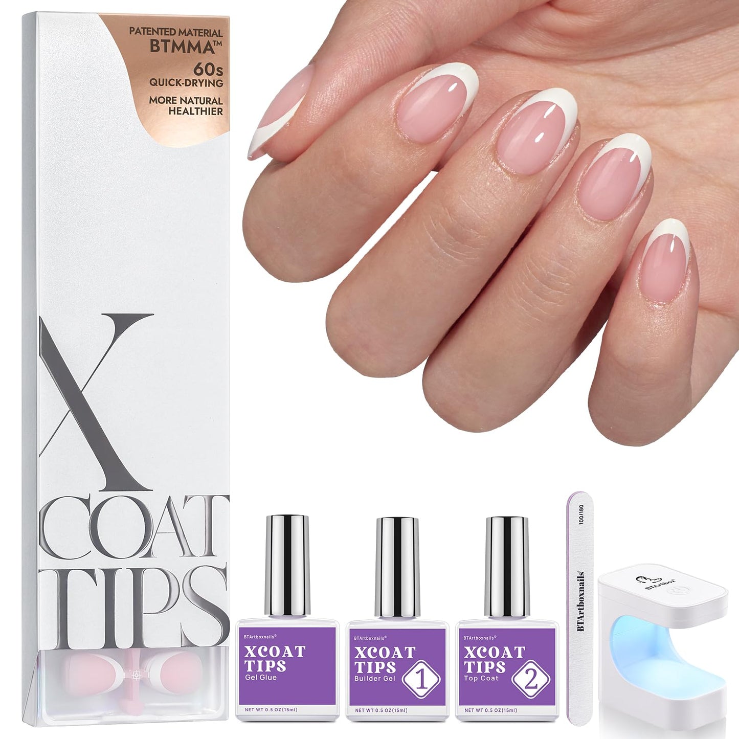 BTArtboxnails XCOATTIPS French Nails - Extra Short Almond Tips with Nail Gel, French Protecing Duo, Nail Lamp, All in One Soft Gel French Tip Press on Nails Gel Extension