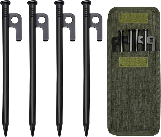 4 Pack Tent Stakes, 8in Tent Stakes Heavy Duty with Storage Bag, Forged Steel Tent Pegs for Camping Unbreakable and Inflexible(4pcs 8in Stakes)
