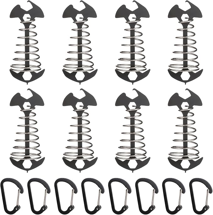 Morobor Black Deck Anchor Pegs, 8 PCS Multifunctional Windproof Aluminium Alloy Fish Bone Tent Stakes with Spring Buckle Portable Wind Rope Anchor Bottle Opener Nut Drill Screwdriver for Outdoor