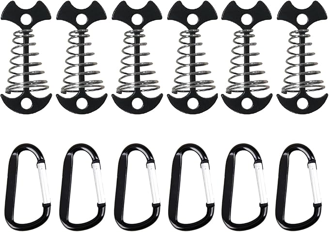 TRIWONDER 6pcs Deck Plank Board Tent Stakes Aluminum Spring Anchor Fishbone Guyline Cord Adjuster Tent Pegs with Carabiners for Outdoor Camping Hiking