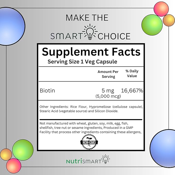 Biotin 5000 mcg Vitamin Supplement Hair Skin & Nail Strengthening to Aid Stress Relief Metabolism Carbohydrate Energy & Nervous System Support 60 Veg Capsules GMO Free