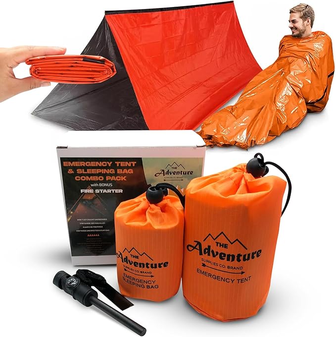 Emergency Sleeping Bag & Tent Shelter, Stocking Stuffer! Combo Prepper kit Survival Tent, Bivy Sack Tent, Sleeping Bag, Fire Starter + Whistle, Mylar Thermal Adventure Supply Co.