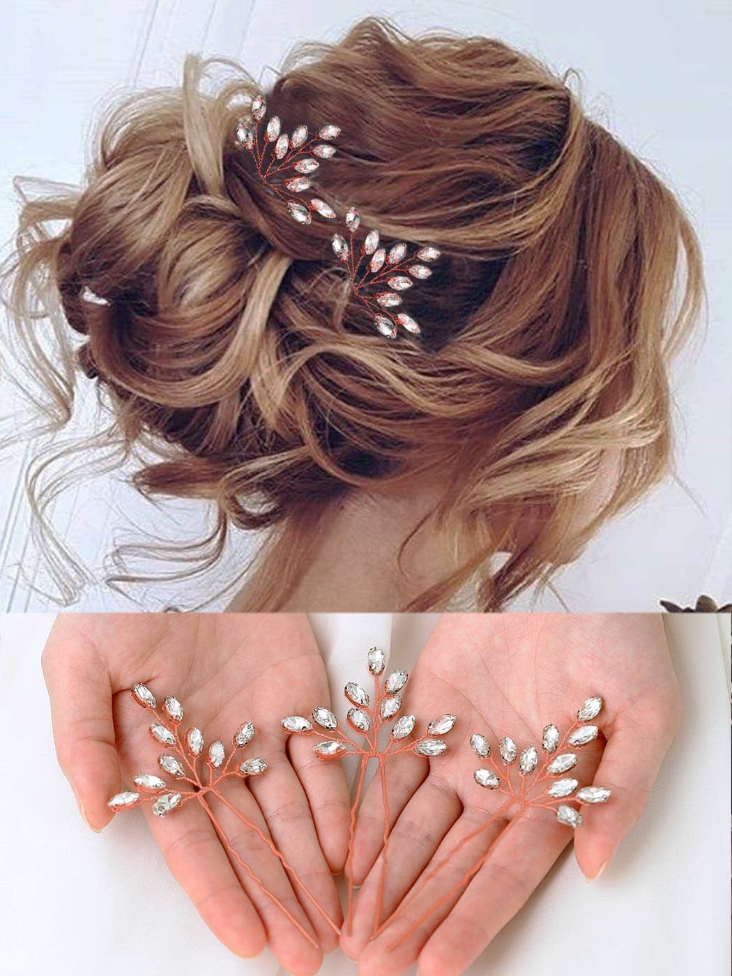 Heread Crystal Bride Wedding Hair Pins Rhinstones Bridal Hair Accessories Head Piece for Women and Girls (Pack of 3) (B Rose Gold)