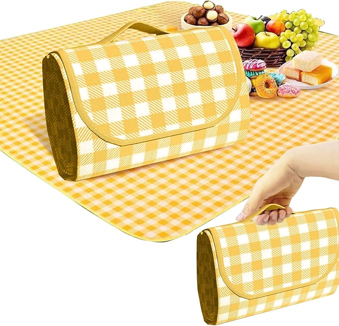 1 Foldable Picnic Blanket Large Size 80 ""x 80"" Family Outdoor Camping Dinner for 8 People can sit 40 ""x 60"" Couples Exclusive mat, (80 ""×80 ""), Yellow