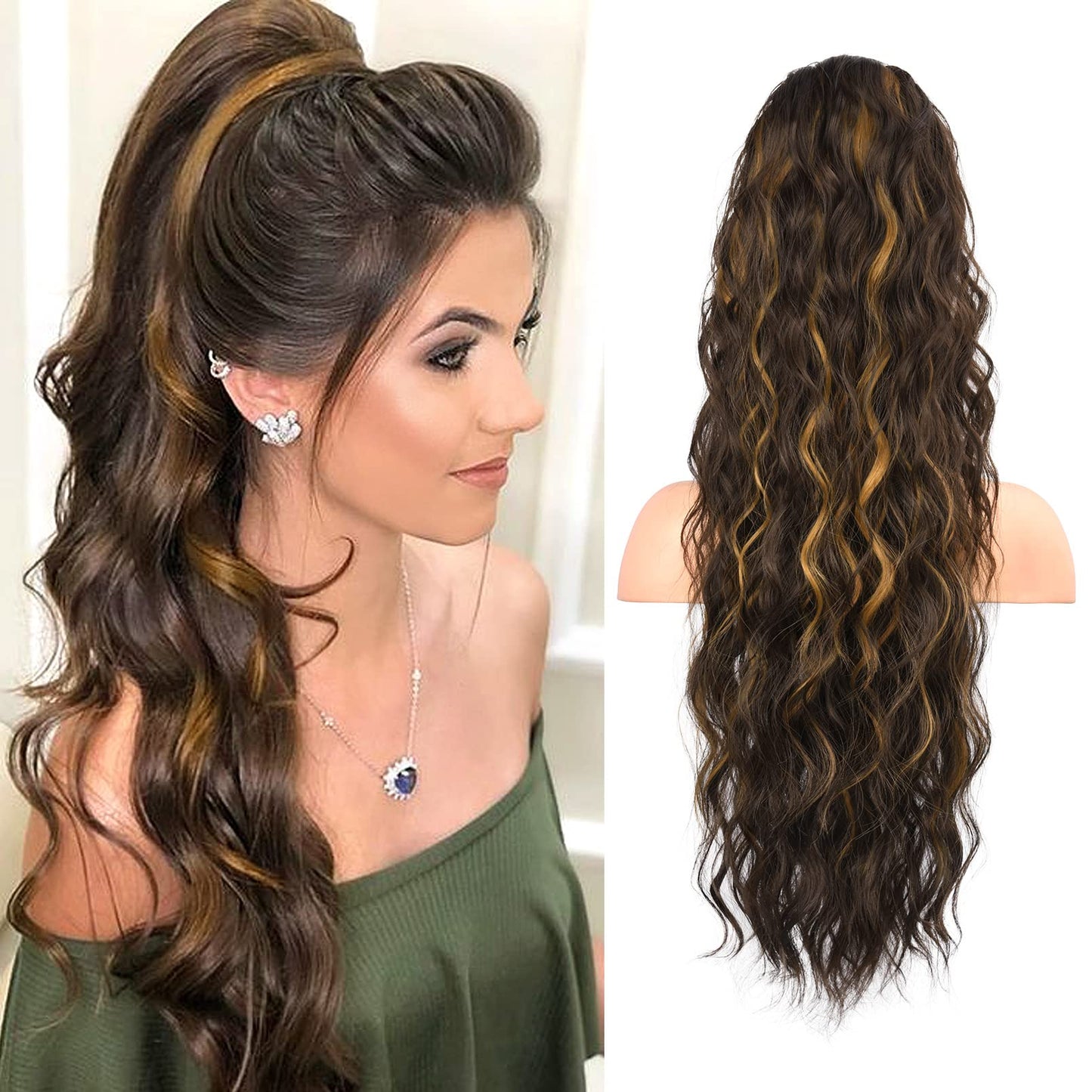 FLUFYMOOZ Ponytail Extension, 26 Inch Drawstring Ponytail Hair Extensions for Women, Long Curly Wavy Ponytail Natural Synthetic Hairpiece for Women (26" Chestnut Brown with Highlights)